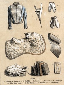 Beschreibung der verschiedenen Verwendungen und Produkte von Schafen: Lederverarbeitung und Darstellung von Produkten aus Schafsleder, Husarenjacke, Blasebalg, Handschuhe, Einbände und Pergament, Brieftasche und Zubehör. Tafel „Die Schafe“ in „Les Recreati
