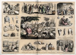 Beschreibung der verschiedenen Verwendungen und Produkte aus Schaf: Schafschur, Osterlamm als traditionelles Gericht zu Ostern, junge Milchmädchen, die Butter und Käse herstellen; Wandteppiche und Wollprodukte, Tassen, Hausschuhe, Wollstrümpfe, verkauft in