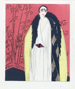 Entwurf für ein Abendkleid mit Pelzbesetztem Umhang, veröffentlicht 1924 von French School