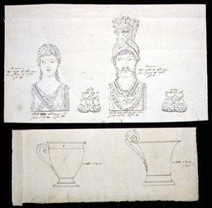 Entwürfe für vergoldete Bronze-Ormolu-Möbelbeschläge und französische Empire-Porzellantassen, ca. 1820 von French School