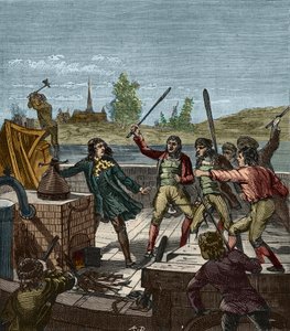Zerstörung von Papins Dampfschiff - Denis Papin (1647-1712) beobachtet, wie sein Raddampfer 1707 von den Bootsmännern von Münden zerstört wird - Les Bateliers de Munden zerstören das Dampfschiff von Denis Papin (1647-1712) - Gravur in „Wissenschaften für a