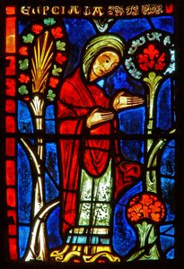 Detail eines Fensters, das Szenen aus dem Leben der Hl. Maria von Ägypten darstellt