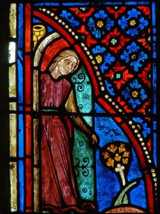 Detail aus einem Fenster mit Szenen aus dem Leben der Hl. Maria Ägyptiaca