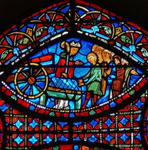 Detail eines Fensters, das Szenen aus dem Leben des hl. Stephanus darstellt: Bischof und Sarg (Detail)