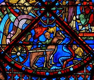 Detail eines Fensters, das Szenen aus dem Leben des hl. Stephanus darstellt: Pferde, Wagen und Dämonen (Detail) von French School