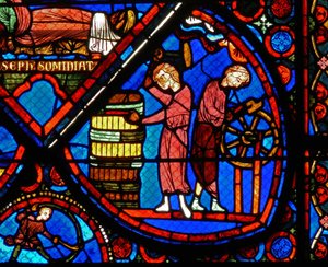 Detail aus einem Fenster mit Szenen aus der Geschichte von Joseph von French School