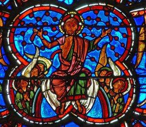 Detail eines Fensters, das das Jüngste Gericht darstellt: Christus von French School