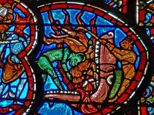 Detail eines Fensters, das das Jüngste Gericht darstellt: Der Höllenschlund von French School
