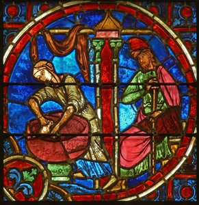Detail eines Fensters mit Darstellung der Geburt Christi von French School