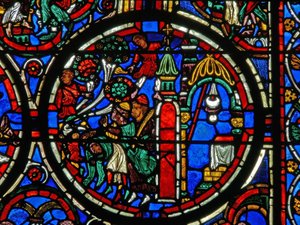 Detail eines Fensters, das die Passion darstellt: Christus wird bei seinem Einzug in Jerusalem begrüßt von French School
