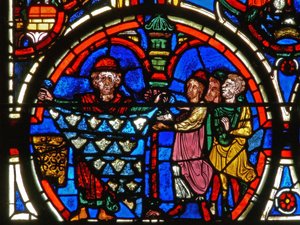 Detail eines Fensters, das die Passion darstellt: Stifter und die Kürschner