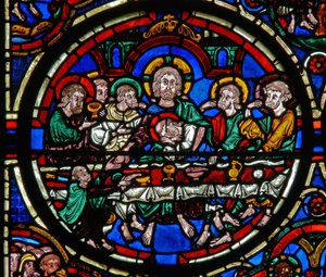 Detail eines Fensters, das die Passion darstellt: Das letzte Abendmahl von French School