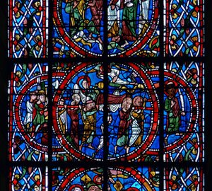 Detail aus einem Fenster, das die Beerdigung darstellt, aus dem Tod und der Himmelfahrt der Jungfrau Maria