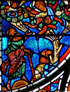 Detail eines Fensters, das das Gleichnis vom barmherzigen Samariter darstellt: Gott erscheint Moses im brennenden Busch (Detail) von French School