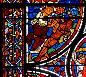 Detail eines Fensters, das das Gleichnis vom barmherzigen Samariter darstellt: Die Erschaffung Evas (Detail) von French School