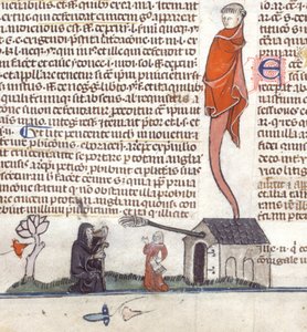 Detail einer Bas-de-Page-Szene eines Einsiedlers, der vor einer Taverne Bier trinkt von French School