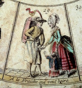 Detail des Gänsespiels der Schreie von Paris: die Milchfrau und der Wasserträger. Gravur des 18. Jahrhunderts. Sammlung Leaving. von French School