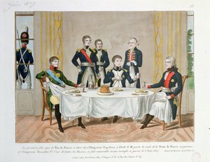 Abendessen in Tilsit zwischen Friedrich Wilhelm III. von Preußen, Zar Alexander I. von Russland und Napoleon, der einen Toast auf die Königin von Preußen ausbringt, 3. Juni 1807