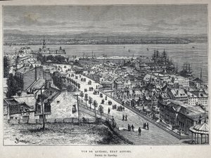 Entdecke Kanada: Blick auf die Stadt Quebec Ende des 19. Jahrhunderts. Barclay-Zeichnung. Gravur aus dem Ende des 19. Jahrhunderts in 