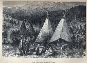 Entdeckung Kanadas: Indianerlager mit Tipis. Zeichnung von Riou nach einer Skizze von Dixon. Gravur aus dem späten 19. Jahrhundert in „La nouvelle France“ von Eugène Guénin