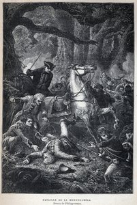 Entdeckung Kanadas: Schlacht von Monongahela im Jahr 1755 während des Siebenjährigen Krieges. Zeichnung von Philippoteaux. Gravur aus dem späten 19. Jahrhundert in „La nouvelle France“ von Eugene Guenin.