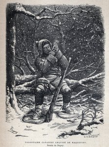 Entdeckung Kanadas: Freiwilliger der kanadischen Armee mit Schneeschuhen. Zeichnung von Dupuy. Gravur aus dem späten 19. Jahrhundert in La Nouvelle France von Eugene Guenin