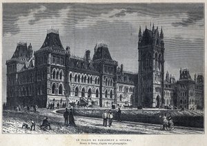 Entdeckung Kanadas: Das Parlamentsgebäude in Ottawa. Zeichnung von Deroy nach einer Fotografie. Gravur aus dem späten 19. Jahrhundert in La Nouvelle France von Eugene Guenin von French School