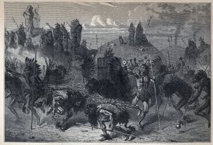 Entdeckung Kanadas: Der Tanz der Bisons in den Mondanes. Gravur aus dem späten 19. Jahrhundert in „La nouvelle France“ von Eugene Guenin. von French School