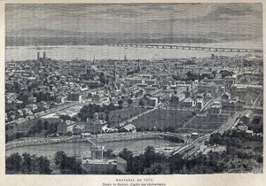Entdeckung Kanadas: Blick auf die Stadt Montreal im Jahr 1875. Zeichnung von Benoist nach einer Fotografie. Gravur aus dem späten 19. Jahrhundert in "La nouvelle France" von Eugene Guenin. von French School