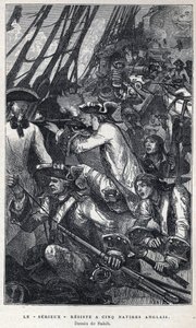 Entdeckung Kanadas: Jacques Pierre de Taffanel de la Jonquiere (1685-1752), französischer Marineoffizier an der Spitze des französischen Schiffes „Le serieux“ widerstand fünf englischen Schiffen. Zeichnung von Sahib. Gravur aus dem späten 19. Jahrhundert i