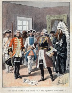 Entdeckung Kanadas: Louis de Buade, Graf von Frontenac (1622-1698), empfängt den Gesandten des englischen Gouverneurs der Kolonie Massachusetts (1651-1695) William Phips und antwortet ihm: „Es ist durch das Mündungsfeuer meiner Kanonen, dass ich Ihrem Herr von French School