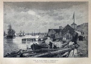 Entdeckung Kanadas: Hafen von Saint-Pierre in Neufundland. Zeichnung von Weber nach einem Foto. Gravur aus dem späten 19. Jahrhundert in „La nouvelle France“ von Eugène Guénin