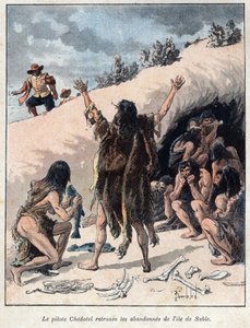 Entdeckung Kanadas: Der Pilot Alexis Chedotel findet die von Troilus du Mesgouez, bekannt als Marquis de la Roche, auf der Sandinsel im Jahr 1578 verlassene Besatzung. Gravur aus dem späten 19. Jahrhundert in "La nouvelle France" von Eugene Guenin.
