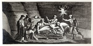 Entdeckung der Knochen eines prähistorischen Tieres, Illustration aus Histoire naturelle de la Montagne Saint-Pierre de Maastricht von Barthelemy Faujas de Saint Fond (1743-1819), 1799 von French School