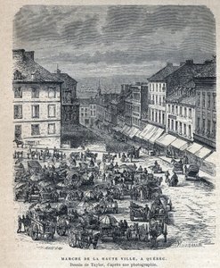 Entdeckung Kanadas: Marsch von der Oberstadt nach Quebec. Zeichnung von Taylor nach einer Fotografie. Gravur aus dem späten 19. Jahrhundert in „La nouvelle France“ von Eugene Guenin.