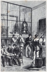 Destillierladen in Paris im 19. Jahrhundert - Gravur in „Wissenschaften für alle zugänglich gemacht - Physik und Chemie“ von Alexis Clerc - Ende 19. Jahrhundert - Private Sammlung