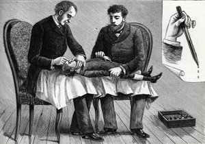 Ärzte untersuchen die Augen eines Kindes und verabreichen Augentropfen (Gravur) 1888