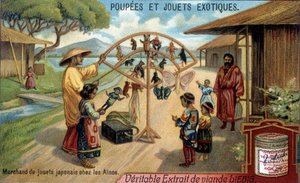 Puppen und exotische Spielzeuge: Japanischer Spielzeughändler im Ainu-Stamm von Chishima. Chromolithographie von Liebig-Produkten. von French School