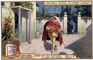 Don Juan im Troubadour: Akt II Szene IV der Mozart-Oper „Don Giovanni“ Liebig Chromolithographie, um 1900
