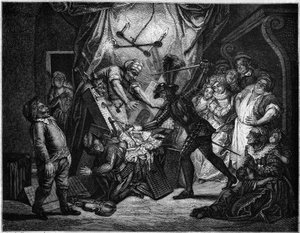Don Quijote kämpft gegen die Puppen, die er für Mauren hält. Gravur von V. Beauce nach dem Gemälde von Charles Antoine Coypel (1694 - 1752), das den Roman von Cervantes (1547-1616) illustriert. In „Le Magasin picturesque“ von French School