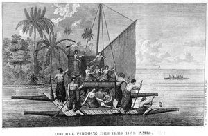 Doppelpiroge der Freundlichen Inseln, Illustration aus dem Atlas du Voyage à la recherche de La Pérouse, 1792 von French School