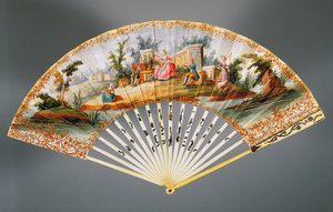 Doppelseitiger Handfächer mit pastoraler Szene, Elfenbein- und Silberrippen