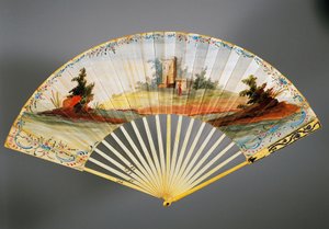 Doppelseitiger Handfächer mit pastoraler Szene, Elfenbein- und Silberrippen, ca. 1760, Rückseite von French School