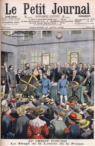 Zeichnung der Presselotterie in den Büros des Crédit Foncier von Frankreich in Paris. Landkredit. Die Presselotterie. Illustration für Le Petit Journal von French School