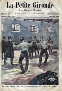 Dreyfus-Affäre: Das Duell zwischen den Oberstleutnants Georges Picquart (1854-1914) und Hubert Henry (1846-1898) in der Militärschule in Paris. Titelblatt von „La petite Gironde“ vom März 1898.