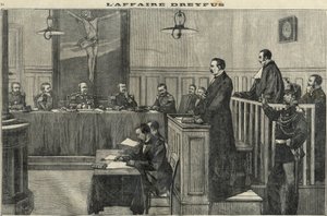 Dreyfus-Affäre 1898: Eine Anhörung des Kriegsrats: Der Prozess gegen Kommandant Esterhazy. Gravur in „Le petit parisien“ von 1898.
