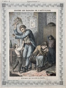Betrunkener terrorisiert seine Familie, Titelbild eines Schulheftes, ca. 1900