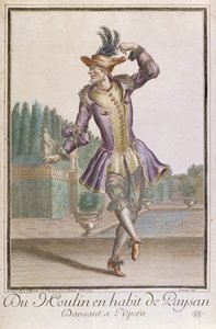 Du Moulin in einem Bauernkostüm für ein Ballett an der Oper, veröffentlicht von Mariette, spätes 17. Jahrhundert von French School