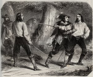 Duell mit dem Schwert zwischen dem Vicomte von Cahuzac und dem Marquis von Gesvres, in den die Königin von Frankreich Anne von Österreich verliebt ist, im Wald von Vincennes. 17. Jahrhundert. Gravur von 1871 in „Histoire Des Cocuses Celebres“ von Henry de 