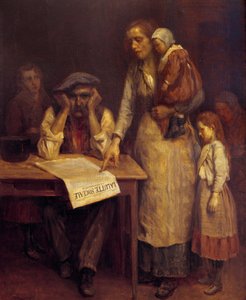 Während des Streiks: Eine Arbeiterfamilie, die Mutter liest dem Vater einen Artikel in der Zeitung „La lutte sociale“ vor von French School